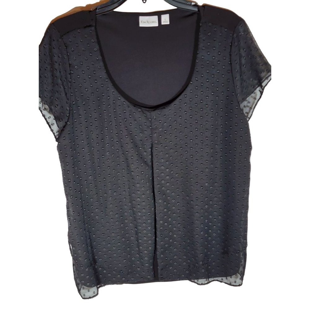 Kim Rogers Black Scoop Neck Sheer Overlay Blouse Size‎ Large NWT